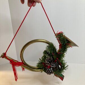 Vintage Brass French Horn Christmas Wreath Ribbon Greenery 9" Wall Hanger